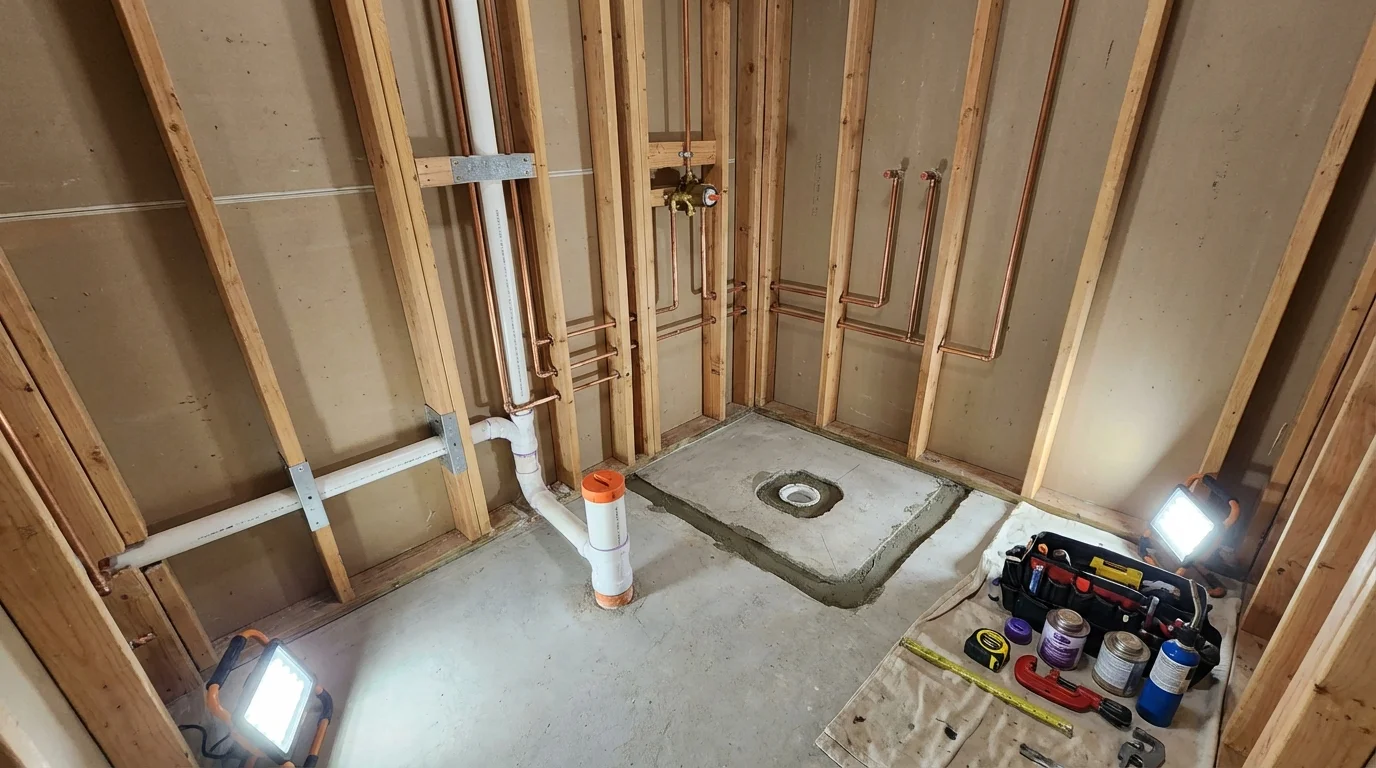 Bathroom rough-in plumbing during remodel by Johns Plumbing LLC in East Longmeadow