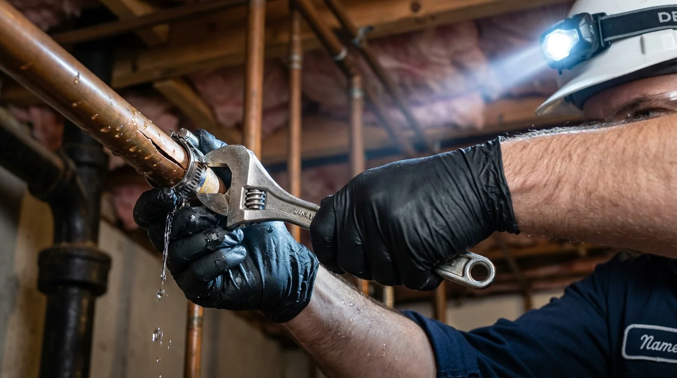 Emergency pipe clamp repair being performed by a Johns Plumbing LLC plumber in East Longmeadow