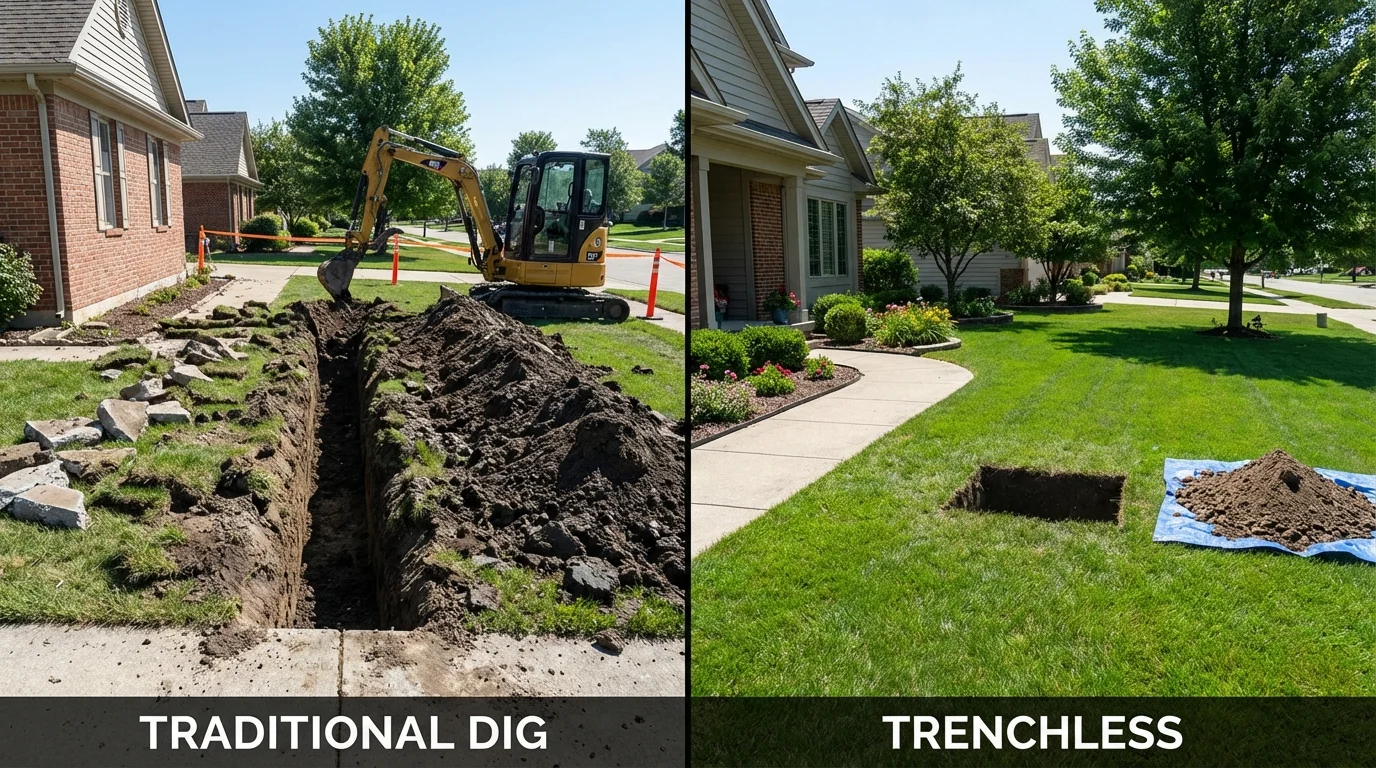 Trenchless sewer repair with minimal yard damage versus traditional excavation in East Longmeadow, MA
