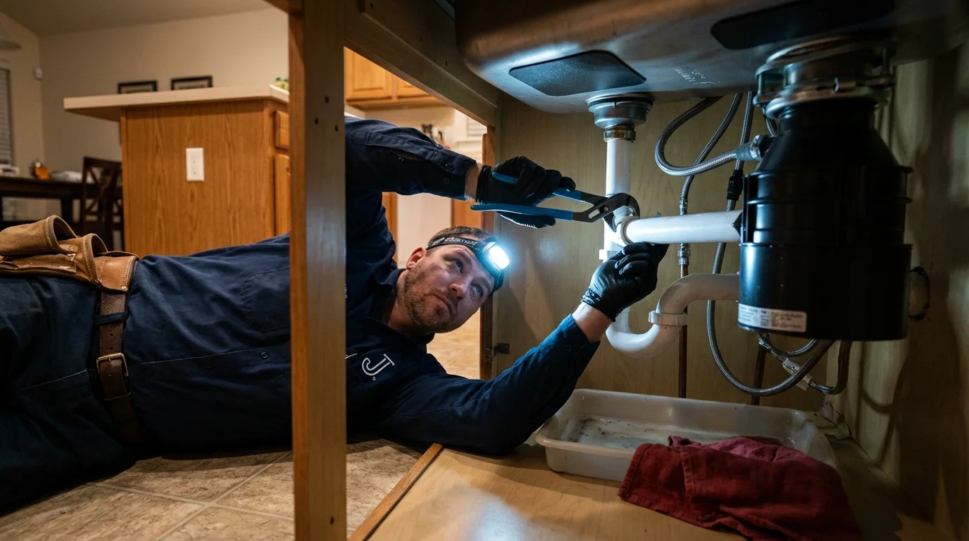 P-trap and supply line connections under a kitchen sink showing a common leak point in East Longmeadow, MA